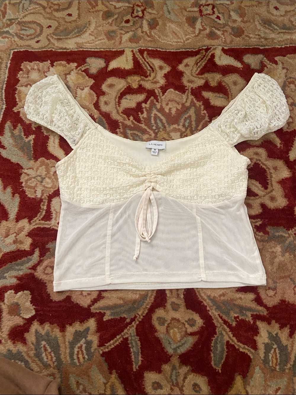 La Hearts Cream Lace Tie-Front Crop Top
